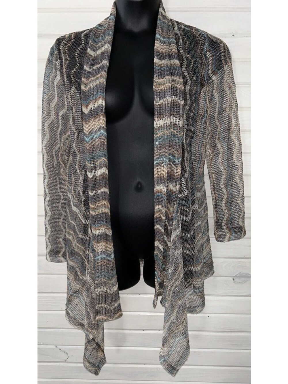 VTG Chicos Sz 3 (XL) Sequin Open Knit Striped Ivory Turquoise Cardigan EUC